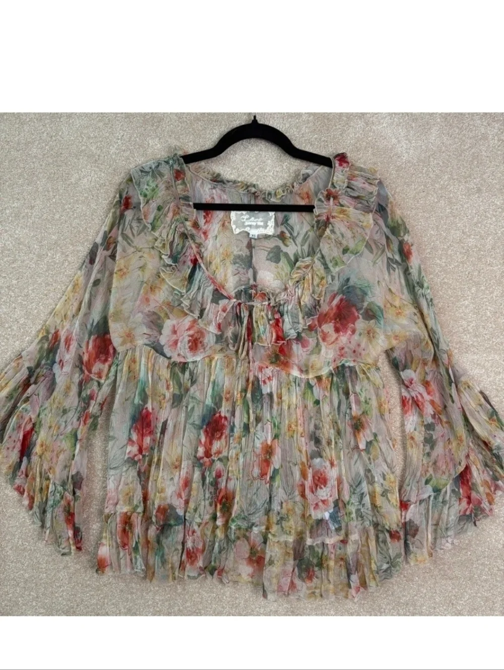 JOHNNY WAS Aria Silk Flowy Whimsigoth Semi-sheer Abstract Pastel Floral Blouse